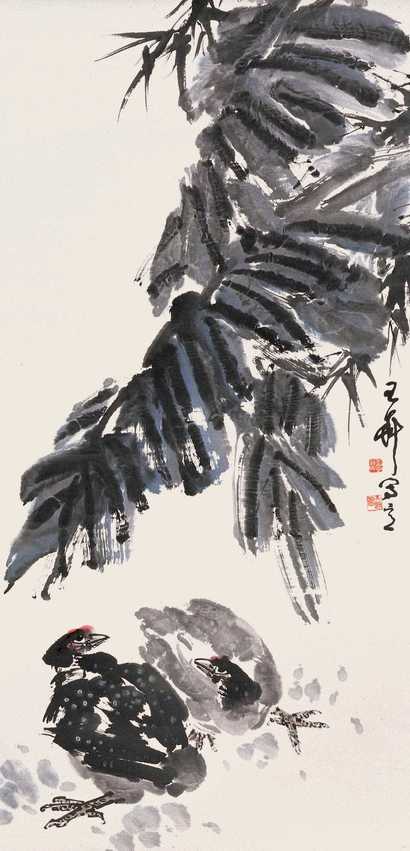 王卉 蕉竹珍珠鸡 立轴